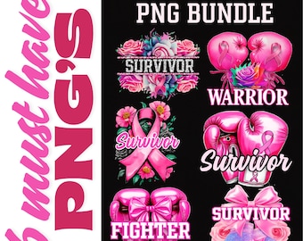 Breast Cancer Awareness-png-bundel | Survivor Warrior Fighter Pink Ribbon-sublimatieontwerpen | Direct downloaden