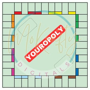 May include: A custom board game design with a light green background and a grid of colored spaces. The game board features the text "YOUROPOLY" in a red banner. The words "DIGITALS" are visible at the bottom of the board.