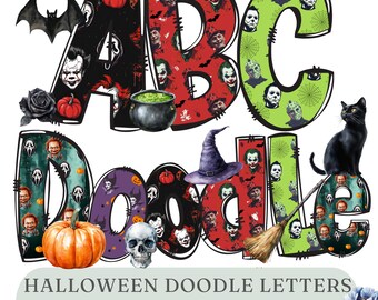 Watercolor Halloween Alphabet PNG Letters, Halloween Spooky Doodle Alpha Numbers Font Letter Bundle Set: Digital Download