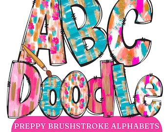 Preppy Brushstroke Doodle Alphabets PNG - Alpha  Font Letters Bundle -  Digital Alphabet Font Clipart - Alpha Set Design for Sublimation