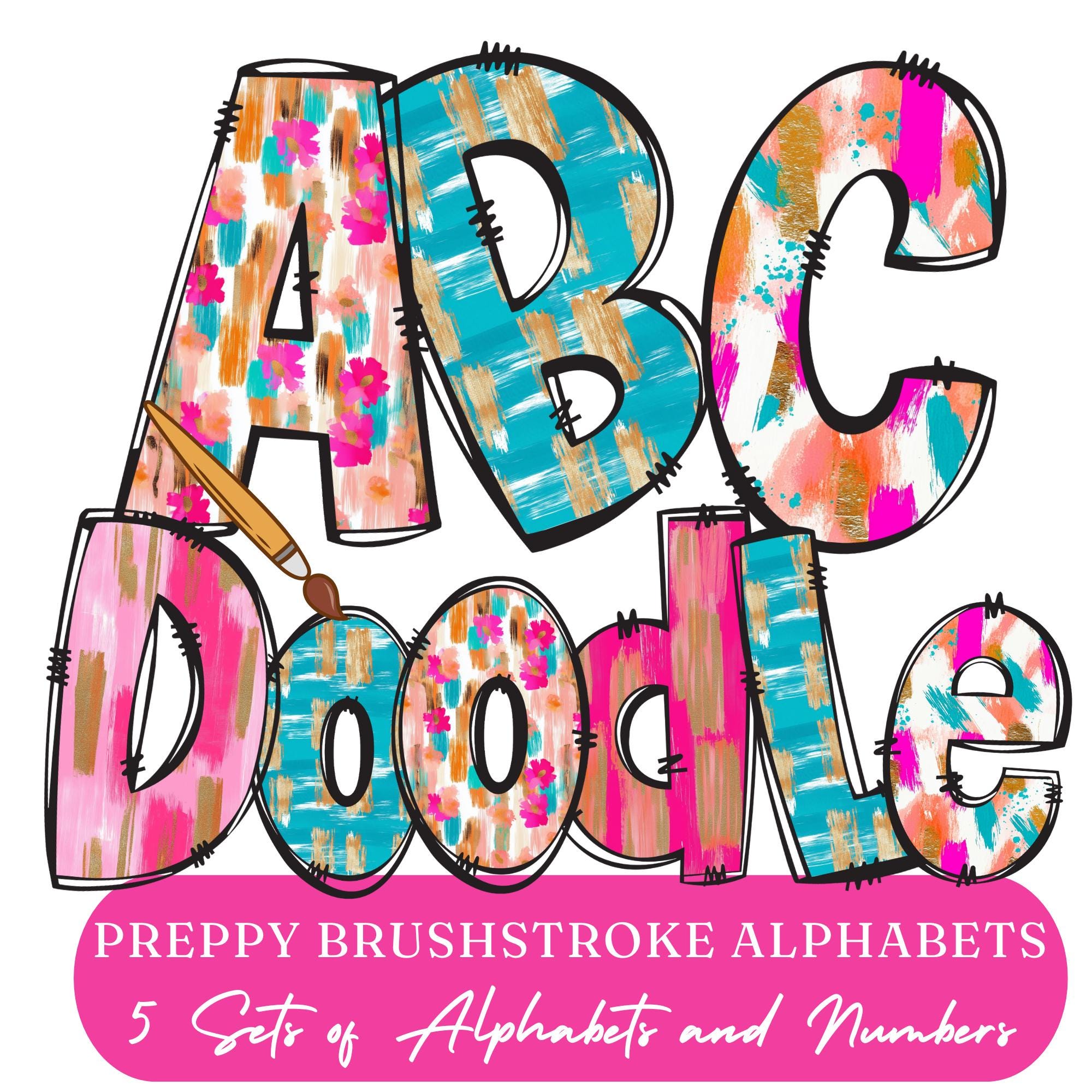 Preppy Brushstroke Doodle Alphabets PNG - Alpha Font Letters Bundle ...