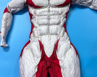 May include: A white and red full-body suit with a muscular design. The suit has a high neck and long sleeves. The suit is made of a stretchy material and has a textured surface.