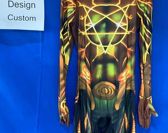 May include: A full-body costume with a brown base and intricate orange and yellow flame-like designs. The costume features a high collar and a large, glowing symbol on the chest. The text "Domello Design Custom" is visible.