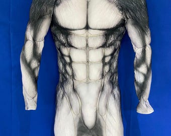 May include: A full-body, gray and white, werewolf costume with a zipper in the front. The costume is made of a stretchy, fabric material and has a realistic fur texture.