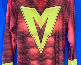 May include: Red and yellow long-sleeved bodysuit with a large yellow V-shaped symbol on the chest.