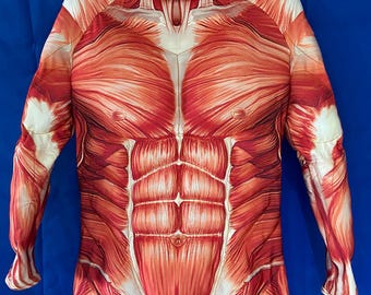 May include: A full-body muscle costume with a red and white print depicting human anatomy. The costume is made of a stretchy fabric and has a zipper in the back.