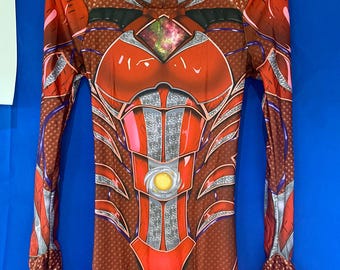 May include: Red and brown spandex bodysuit with a silver and black design. The suit has a zipper in the front and a galaxy-like design on the chest.