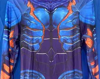 May include: A blue and orange printed bodysuit with a zipper in the front. The bodysuit has a textured design that resembles armor.