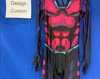 May include: A black and red custom jumpsuit with a high collar and long sleeves. The jumpsuit features a design with red and blue accents, and the text "Domello Design Custom" is visible on a hanging tag.