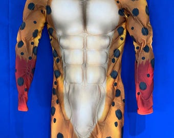 May include: A full-body, orange and black, leopard print jumpsuit with a muscular torso design. The jumpsuit has a high neck and long sleeves.