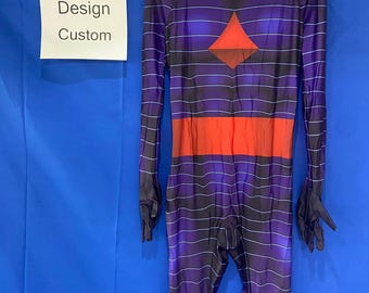 May include: A purple and black striped bodysuit with a red diamond shape on the chest and a red stripe around the waist. The bodysuit has long sleeves and a high neck. The text "Domello Design Custom" is on a white sign.