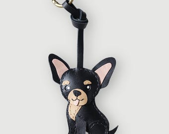 Zwarte leren chihuahuasleutelhanger tashanger: echt rundleer