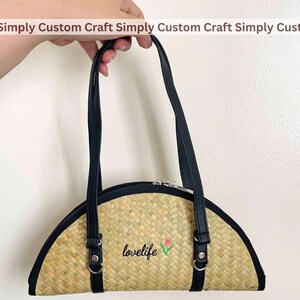 Customized Name - Bag Half Moon Straw Clutch Bag – Natural Fiber & Leather Wristlet | Boho Summer Purse Handmade Woven Handbag Eco Orgainic