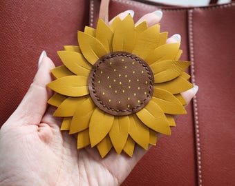 Handmade Leather Sunflower Bag Charms and Keychains — Personalized Floral Purse Charm Gift