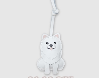 Handgemaakte leren Pomeranian tashanger, witte Pomeranian sleutelhanger, accessoire voor hondenliefhebbers