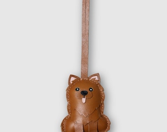 Handgemaakte leren Pomeranian tashanger, sleutelhanger met hondenmotief