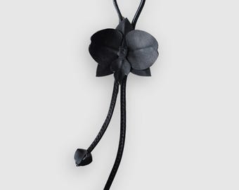 Handmade Black Leather Orchid Bag Charm – Floral Purse Accessory