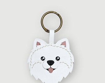 Handgemaakte echt leren sleutelhanger Pommeren/Samojeed – tashanger witte hond, cadeau huisdierliefhebber