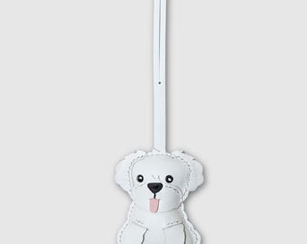Handgemaakte leren Maltese hondenbedel, witte puppytasaccessoire, antieke koperen clip