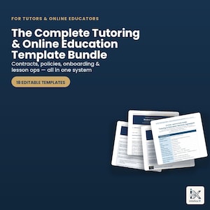 May include: A digital template bundle for tutors and online educators featuring 18 editable documents including contracts, policies, and onboarding materials. The dark blue graphic displays white text and a stack of document pages with form fields.