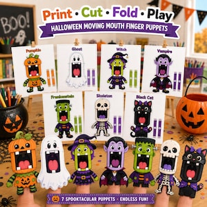 May include: A set of seven Halloween-themed finger puppets featuring a pumpkin, ghost, witch, vampire, Frankenstein, skeleton, and black cat. Each puppet has a wide-open mouth design. The set includes printable sheets with instructions.