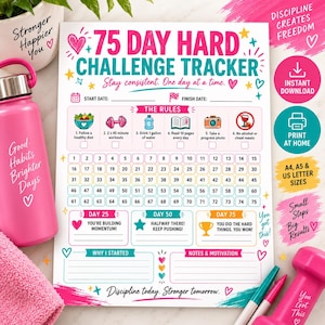 May include: A 75 Day Hard Challenge Tracker printable sheet featuring a numbered grid from 1 to 75, rule icons for diet, exercise, water, reading, photos, and no alcohol, with sections for start and finish dates, notes, and motivational text.