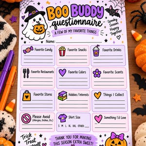 Utskrivbar frågeformulär för Bu-kompisar, enkät om Halloween-favoritsaker, presentutbyte med Bu-korg, målarbild, lärarkollega A4 PDF