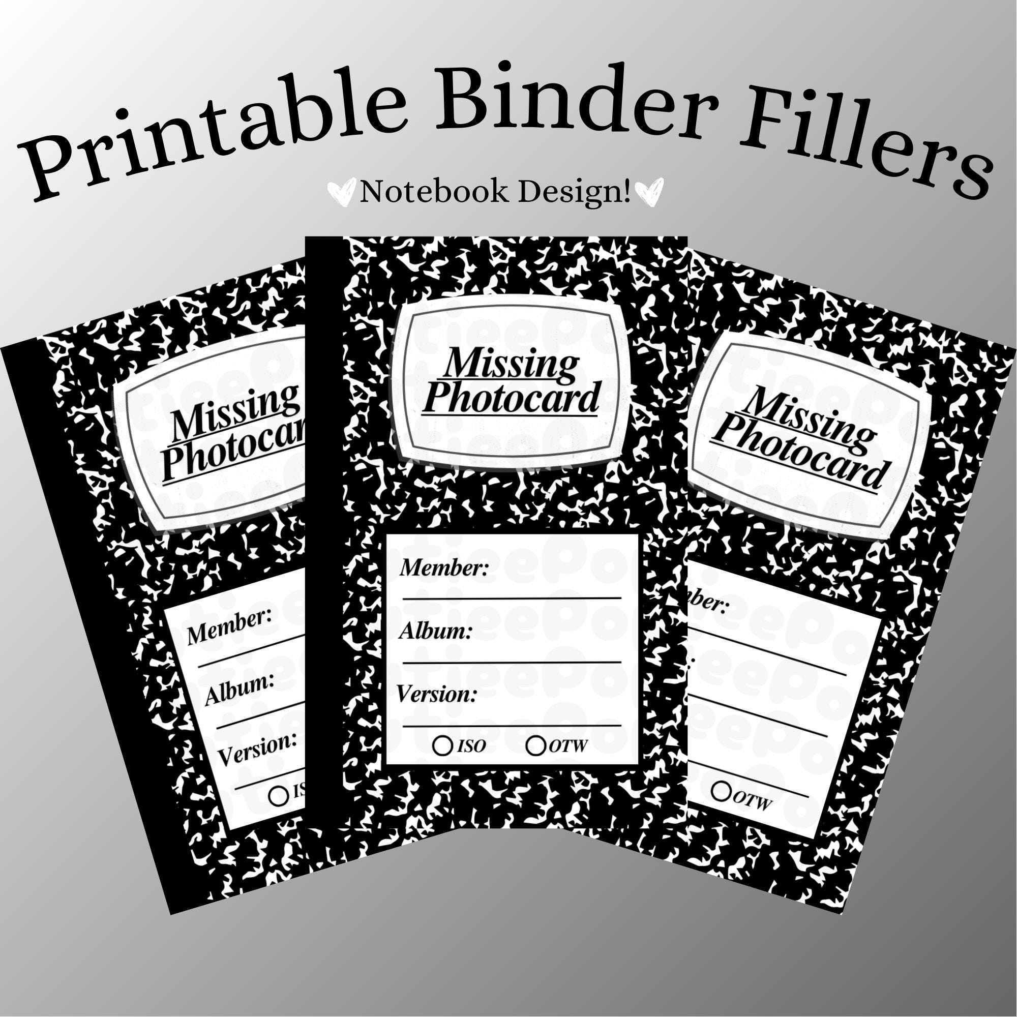 Notebook Photo Card Missing Photocard Filler | Black Notebook Design | Digital Printable ...