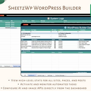 May include: A screenshot of a WordPress Builder dashboard, displaying system logs and configuration options. The text "SHEET2WP WORDPRESS BUILDER" is at the top. The dashboard shows data tables and automated task details. The image also includes bullet points with text.