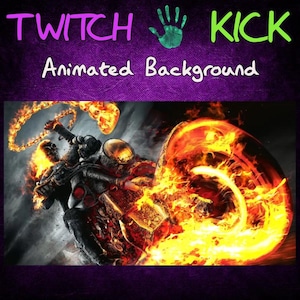 May include: Animated background with the text "TWITCH KICK" and "Animated Background". The image features a flaming motorcycle and rider, with a fiery wheel and chain. The color scheme is primarily orange, black, and purple.