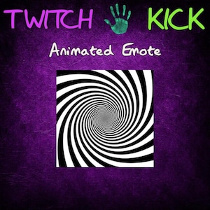 May include: A purple background with the words "TWITCH KICK" in pink and green, and "Animated Emote" in white. The image features a black and white spiral design, creating an optical illusion.