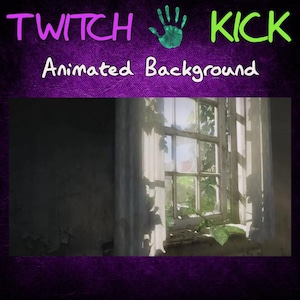 Peut inclure: Une fenêtre donnant sur une végétation luxuriante à l'extérieur. La fenêtre se trouve dans une pièce dont les murs sont recouverts de peinture écaillée. Le texte "Twitch Kick Animated Background" est en haut de l'image.
