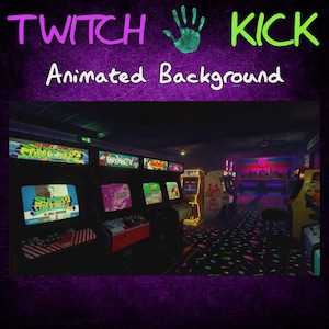 May include: A retro arcade setting with multiple arcade cabinets, including a Super Street Fighter 2 cabinet, a Pac-Man cabinet, and a Galaga cabinet. The arcade is dimly lit with neon lights and a black and white checkered floor.