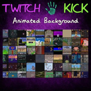 May include: A collage of animated video game backgrounds for Twitch and Kick. The image features a purple background with the text "Twitch Kick Animated Background" in white.