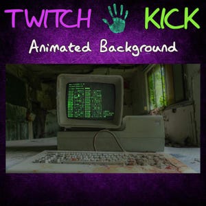 Könnte beinhalten: Animierter Hintergrund mit den Worten "TWITCH KICK" in Lila und Grün, mit einem grünen Handabdruck. Darunter ein alter Computer mit grünem Bildschirm, der Code anzeigt. Die Tastatur befindet sich vor dem Monitor.