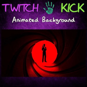 May include: Animated background for Twitch and Kick streams. The image features a silhouette of a person holding a gun, set against a red circle within a dark, spiraling tunnel. The words "TWITCH KICK" and "Animated Background" are displayed.