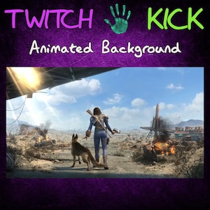 Könnte beinhalten: Animierter Hintergrund mit dem Text "TWITCH KICK" und "Animated Background". Das Bild zeigt eine postapokalyptische Szene mit einer Person in blauer Rüstung, einem Hund und brennenden Strukturen unter blauem Himmel.