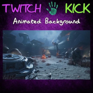 May include: A dark, futuristic landscape with a campfire in the center. The scene is set in a rocky, snowy environment with large, metallic structures in the background. The image is suitable for use as a Twitch or Kick animated background.