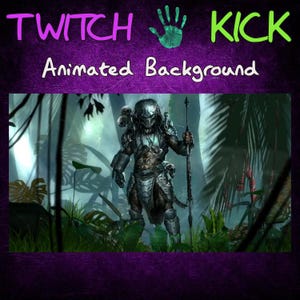 Puede incluir: Un fondo animado verde y gris con un personaje de Predator de pie en un entorno de jungla. El texto "Twitch Kick" está escrito en morado y verde en la parte superior de la imagen.
