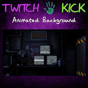 Pode incluir: Fundo animado com o texto "TWITCH KICK" e "Animated Background". A imagem mostra uma sala escura com três monitores exibindo estática, um ventilador e um pôster.