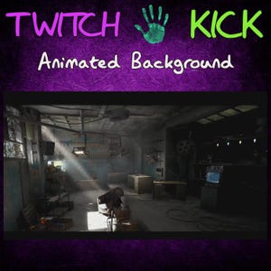 Könnte beinhalten: Animierter Hintergrund für Twitch- und Kick-Streams. Das Bild zeigt ein schwach beleuchtetes Interieur im Industriestil mit einer Grunge-Ästhetik. Der Text "TWITCH KICK Animated Background" wird oben in Lila und Grün angezeigt.
