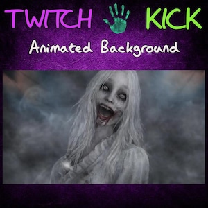 May include: Animated background with a spooky theme. The image features a pale-skinned woman with long white hair, open mouth, and blood around her mouth. The text "TWITCH KICK" and "Animated Background" are displayed in purple and white.