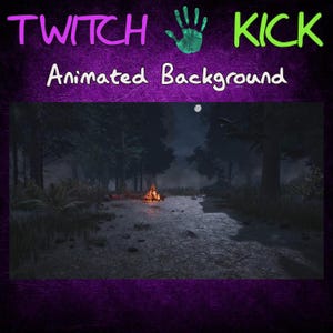 Może przedstawiać: Animowane tło dla Twitch i Kick przedstawiające ciemny las ze ogniskiem w centrum, pełnią księżyca na niebie i mgłą.