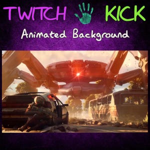 Può includere: Sfondo animato con il testo "TWITCH KICK Animated Background". L'immagine raffigura una scena futuristica con una grande struttura meccanica rossa che incombe su una strada con un'auto e un autobus.