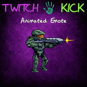Op de afbeelding: Geanimeerde Twitch-emote met een groen, gepixeld personage dat een geweer vasthoudt en schiet. Het personage draagt een helm en heeft een groene achtergrond. De tekst "Twitch Kick" staat bovenaan de afbeelding, en "Geanimeerde Emote" staat onder het personage.