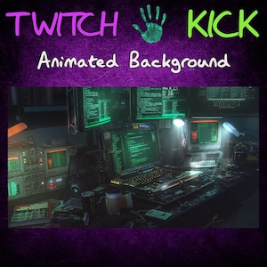Puede incluir: Una habitación oscura y tenue con varios monitores de computadora que muestran código verde. Los monitores están en un escritorio con una computadora portátil, un teclado y otros dispositivos electrónicos. El texto "TWITCH KICK Animated Background" está en la parte superior de la imagen.