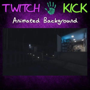 May include: A dark, nighttime scene with a building in the background. The building has a window with a bright blue light shining through it. There are several small lights illuminating the ground in front of the building. The text "TWITCH KICK Animated Background" is displayed at the top of the image.