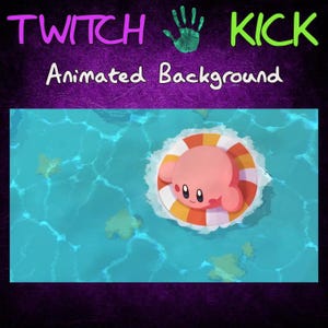 May include: Animated background for Twitch and Kick streams. The image features a pink cartoon character floating in a pool on a white, orange, and yellow inflatable ring. The water is a light blue color, and the background is purple.