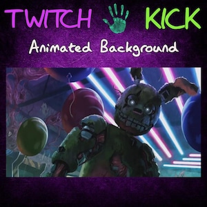 May include: Animated background with the text "TWITCH KICK" and "Animated Background". The image features a green, decaying rabbit-like character with glowing eyes, set against a backdrop of balloons and neon lights.