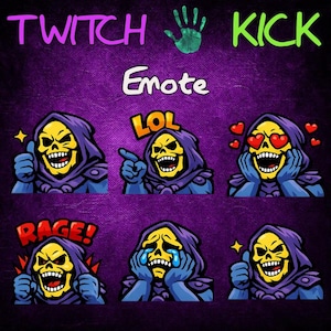 May include: A digital graphic set featuring six Skeletor character emotes on a purple background. The text TWITCH, a green handprint, and KICK appear at the top, with Emote below. Each character displays different expressions including laughing, crying, and rage.